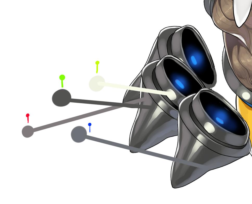 塗りのワンポイント
先日も紹介したすり鉢状のメタルパーツに注目
彩度こそ低いですが色んな色相の色が使われています
人間はより多面的な構造に立体を感じるので
一つの物体に多くの色を使うことで
モノクロにおける明度(縦軸)だけでなく
カラーでは色相(横軸)の立体表現が可能となります 