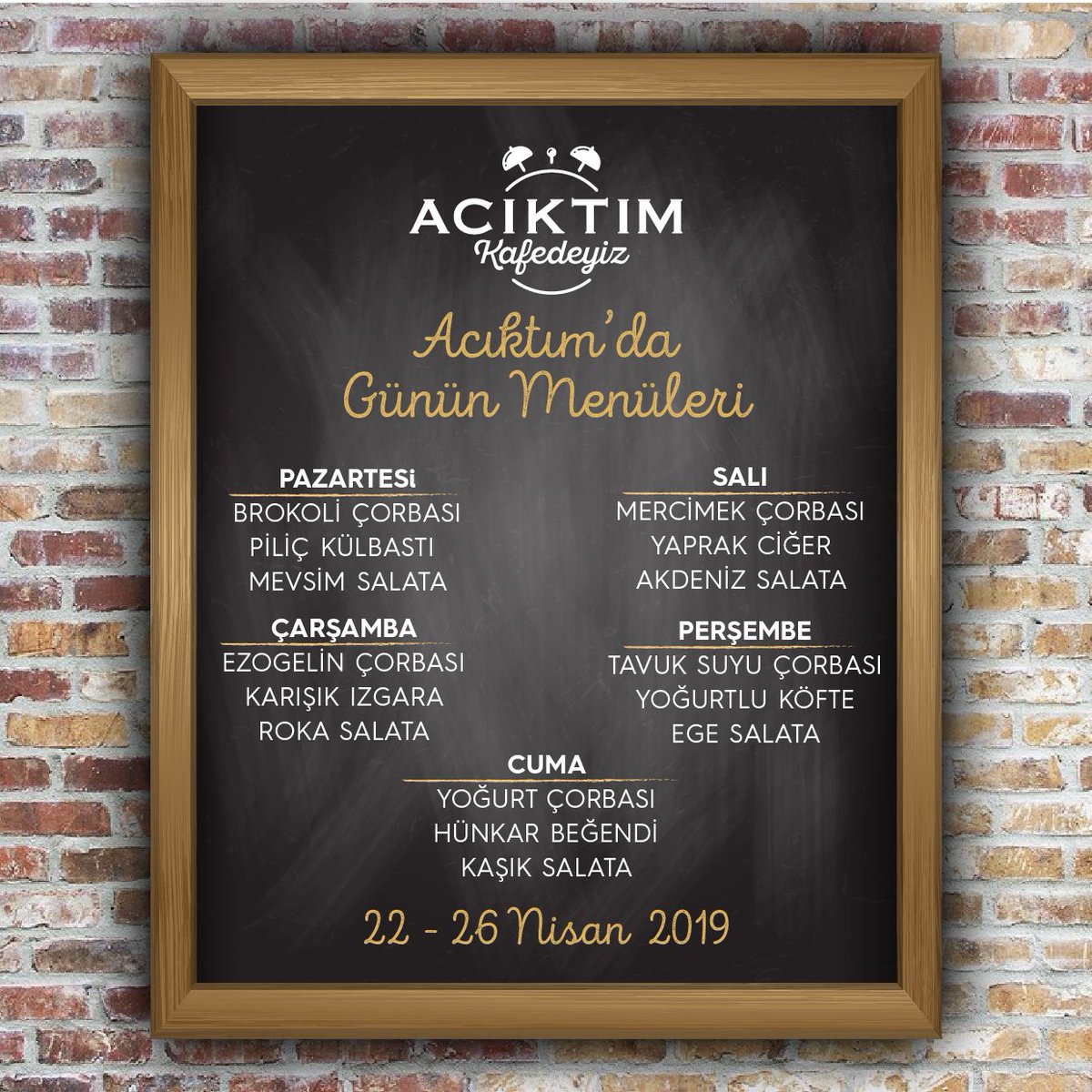 aciktimkafe's tweet photo. 22-26 Nisan haftası. Acıktım'da günün menülerini beğeninize sunuyoruz. #Afiyetolsun😊#acıktımkafedeyiz #nisan #2019 #haftanınmenüleri #eskişehir #haftabaşı #gününmenüleri #ögleyemegi #food #yemek #3dorganizasyon #passageeskisehir #dublincafeirishpub #mamülpastaveekmek https://t.co/vWZJEKRx9R