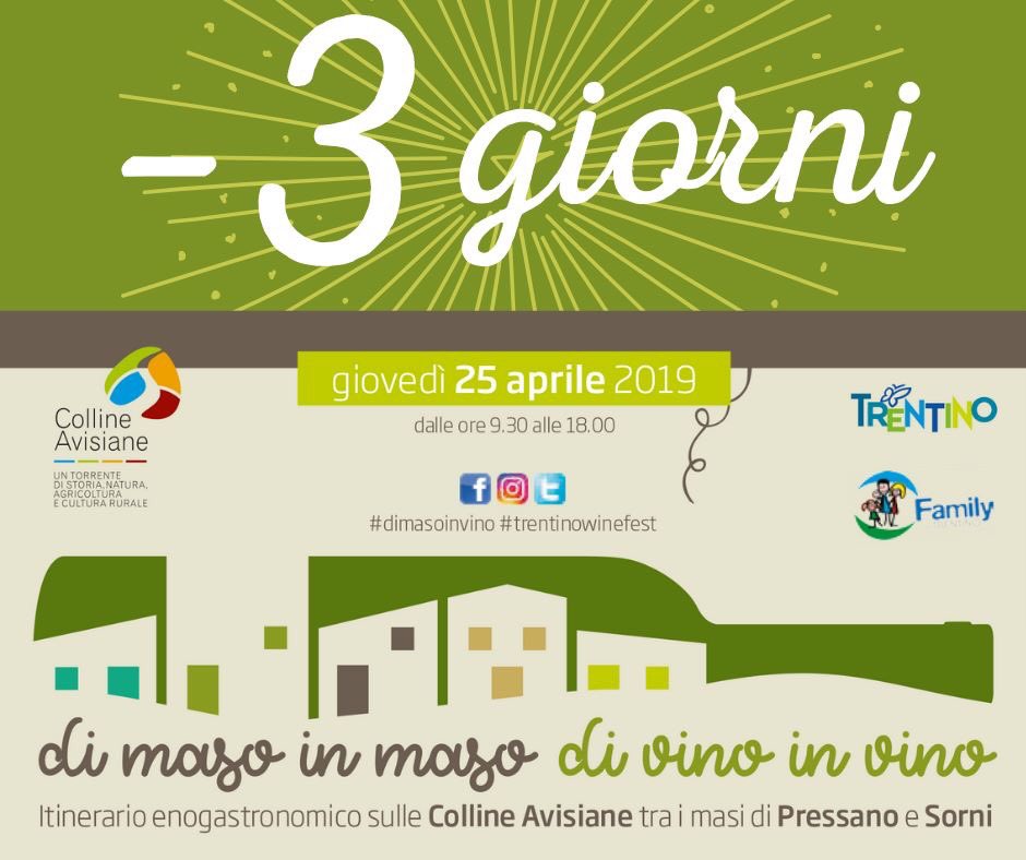 Amici siete pronti?
Mancano solo 3 giorni a Di Maso in Maso di Vino in Vino - 25 Aprile 2019 .

L’evento si terrà anche in caso di brutto tempo, con la possibilità di degustare i prodotti in ambienti chiusi...

#dimasoinvino #trenitnowinefest #evento #trentino #25aprile