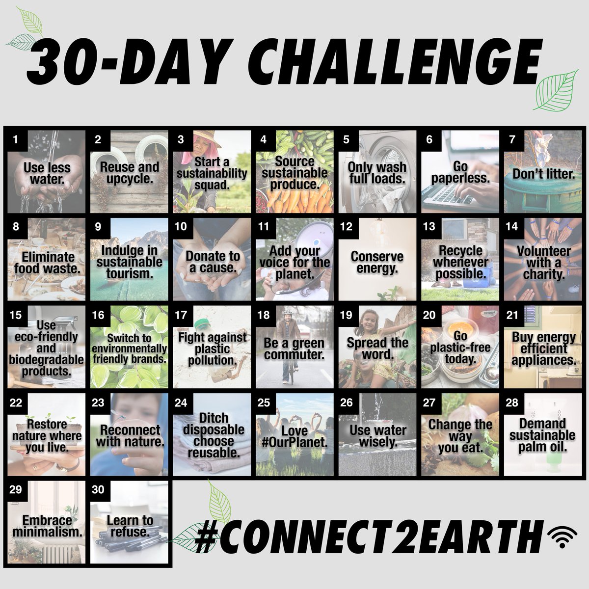 earthhour's tweet image. Join us this #EarthDay as we commit to 
🌍Earth-friendly acts
✅Make more sustainable choices
👣 Reduce our carbon footprint 
💡Conserve energy &amp;amp; resources and 
♻ Share the #Connect2Earth challenge.
For a full list of actions: lp.panda.org/30-day-challen…