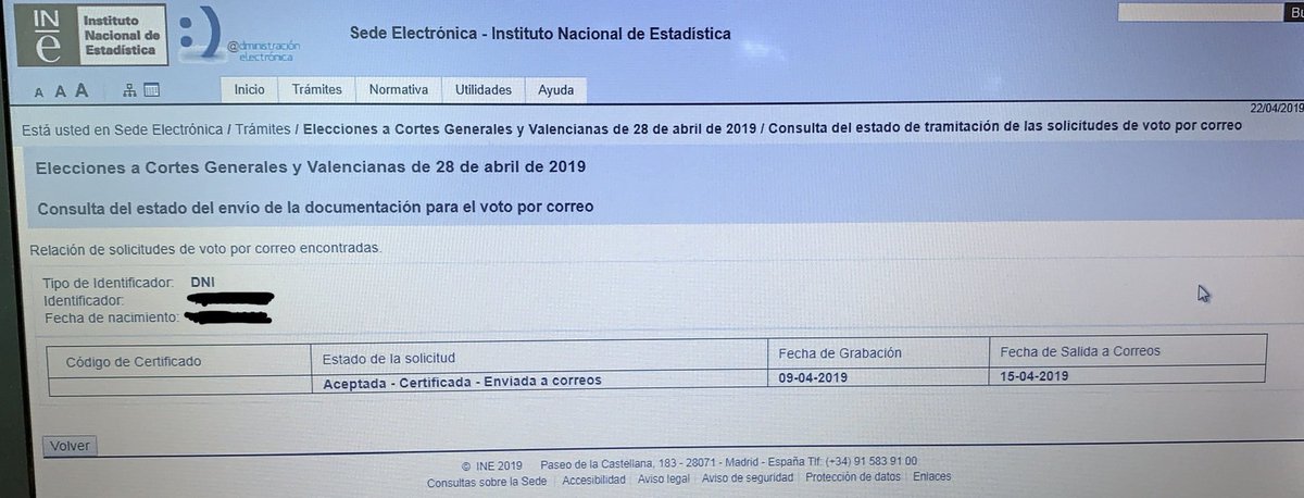 rubenszam's tweet photo. Hola @Correos @CorreosAtiende! Vivo en Madrid y voto en Madrid. Solicité el voto por correo el 4/4 y según el @es_INE, la fecha de salida a Correos de la documentación fue el 15/4. ¿Donde está mi voto por correo? https://t.co/OcI8jY9NIw