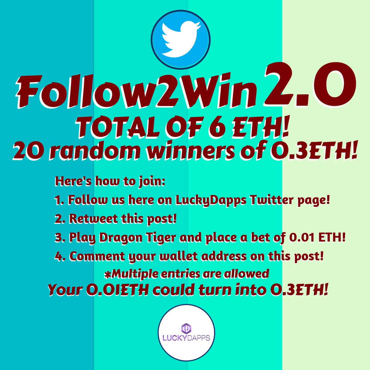 LuckyDapps's tweet photo. We heard you loud and clear and we got you once again! FOLLOW2WIN 2.0 is here! This time, we want to include our new game to this promo—Dragon Tiger! https://t.co/gi6MFyopVm. We have updated our game rules! Join now and see the photo for details! ↓

#ETHgiveaway #LuckyDapps https://t.co/kp0pV1zs8o
