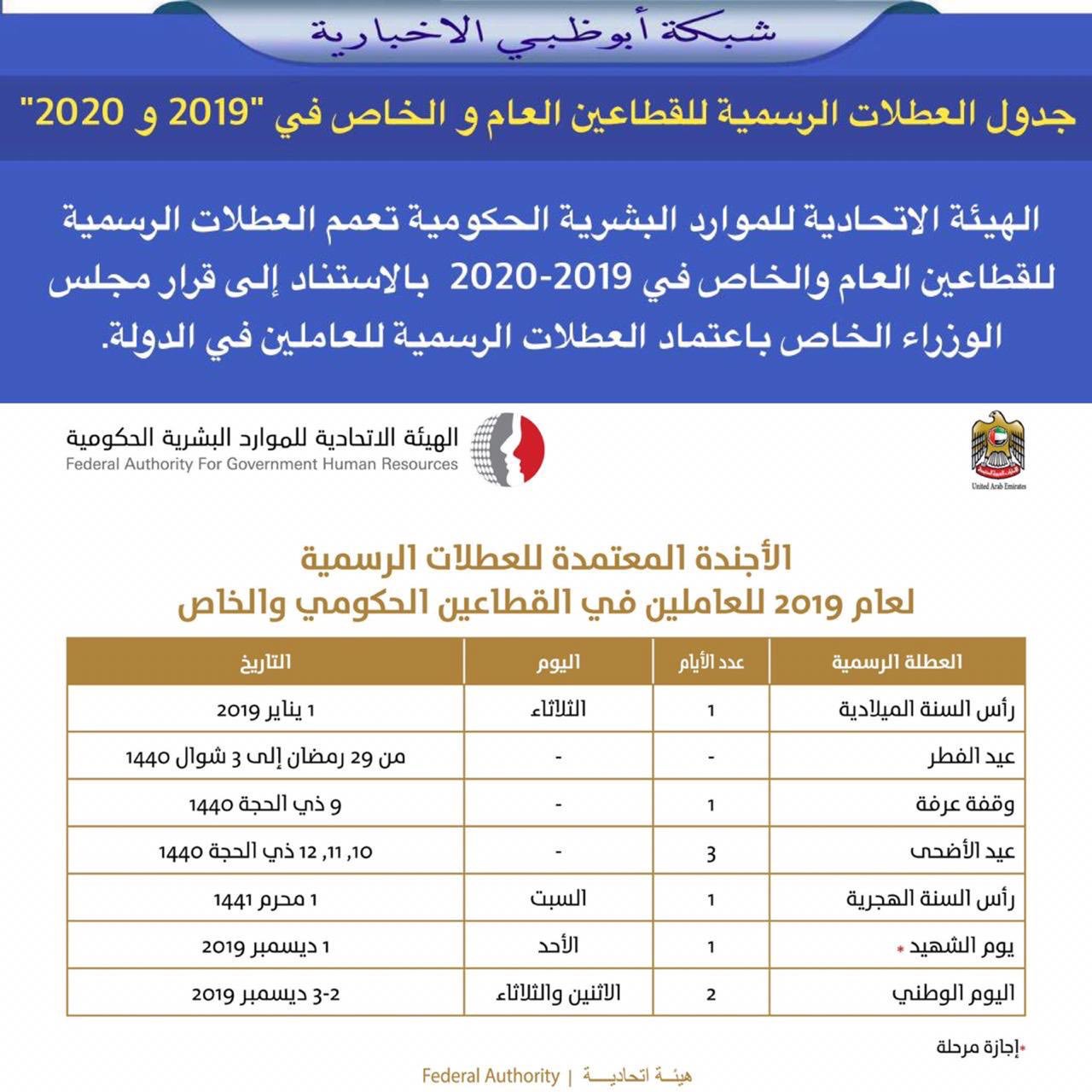 شبكة أبوظبي على تويتر جدول العطلات الرسمية للقطاعين العام
