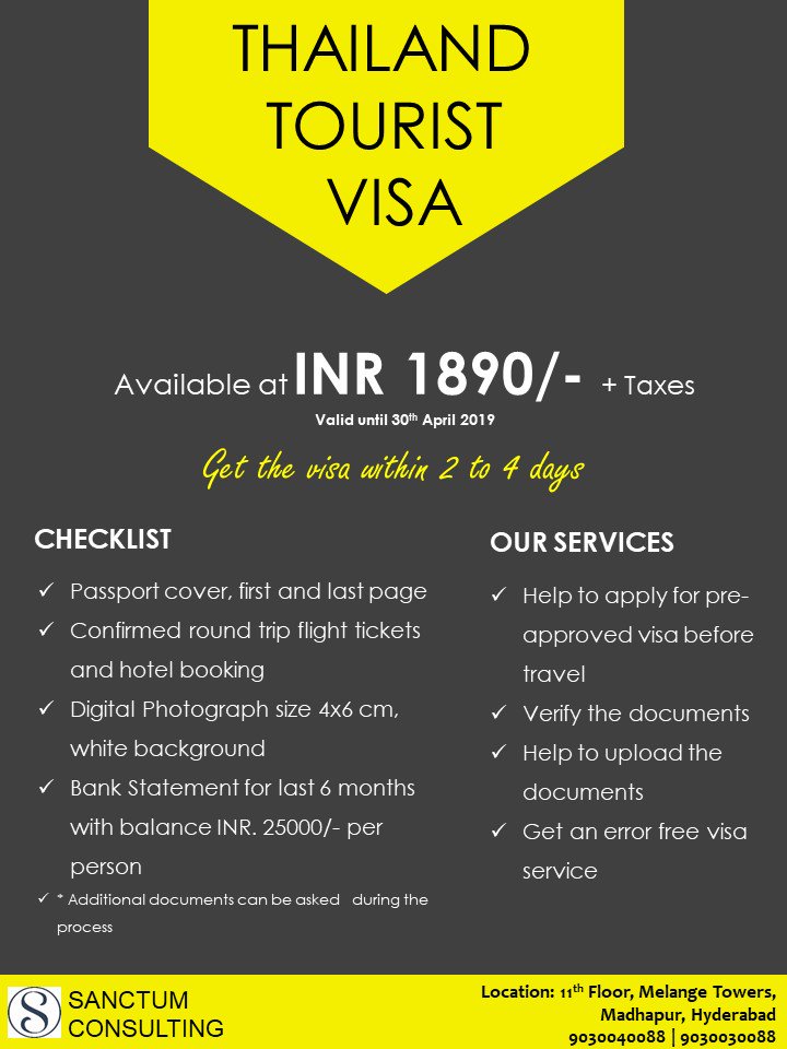 Plan your Thai vacation and lodge a Thailand tourist visa through Sanctum Consulting.
#Thailandtouristvisa, #Thailandtouristvisafee, #Thailandvisadocumentchecklist, #visaconsultants, #visaagents, #visaandimmigrationconsultants, #travelagents.
Click here sanctumconsulting.in/thailand-touri…