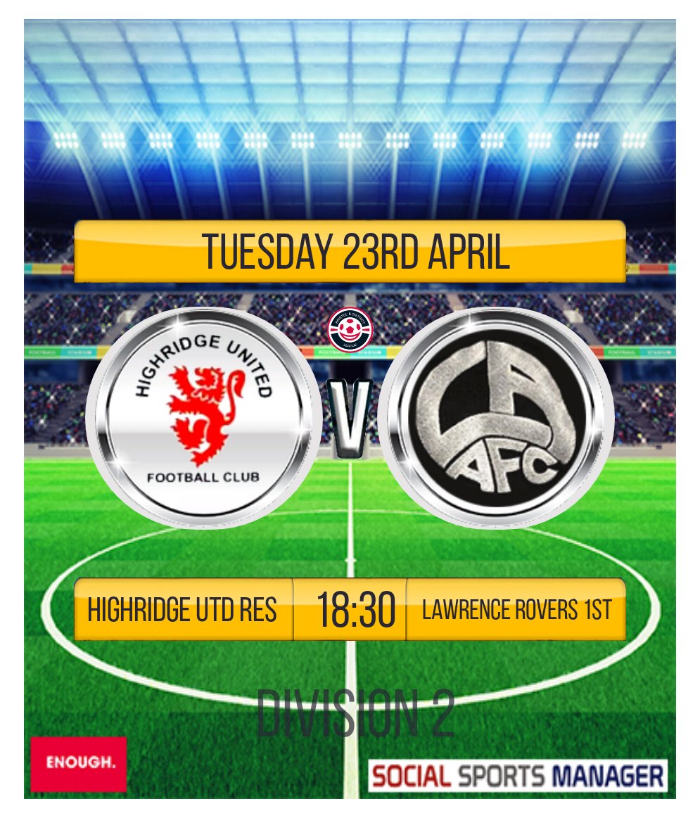 📆 Tuesday 23rd April
🆚️ <a href="/highridgefc/">Highridge United FC</a> 
🕡 18.30 Kick Off
📍Lakemead Grove, BS13 8EA