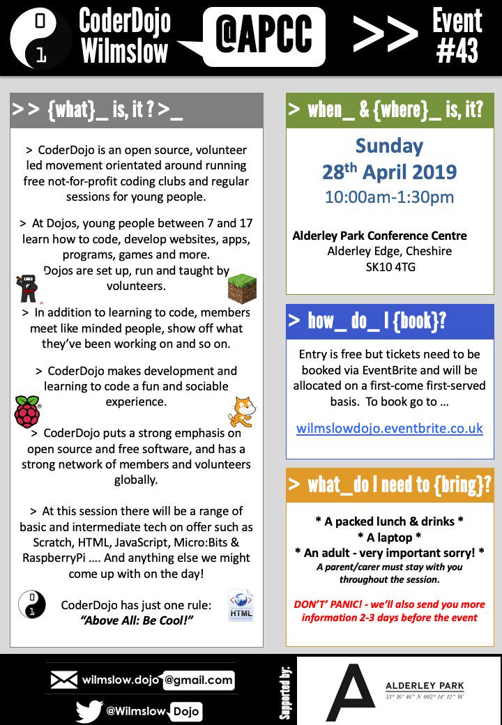 WilmslowDojo's tweet photo. Tickets now available for next #wilmslow #coderdojo on Sunday 28th April ... book online at https://t.co/0LI2kpOzlI https://t.co/9gAStcNVzE