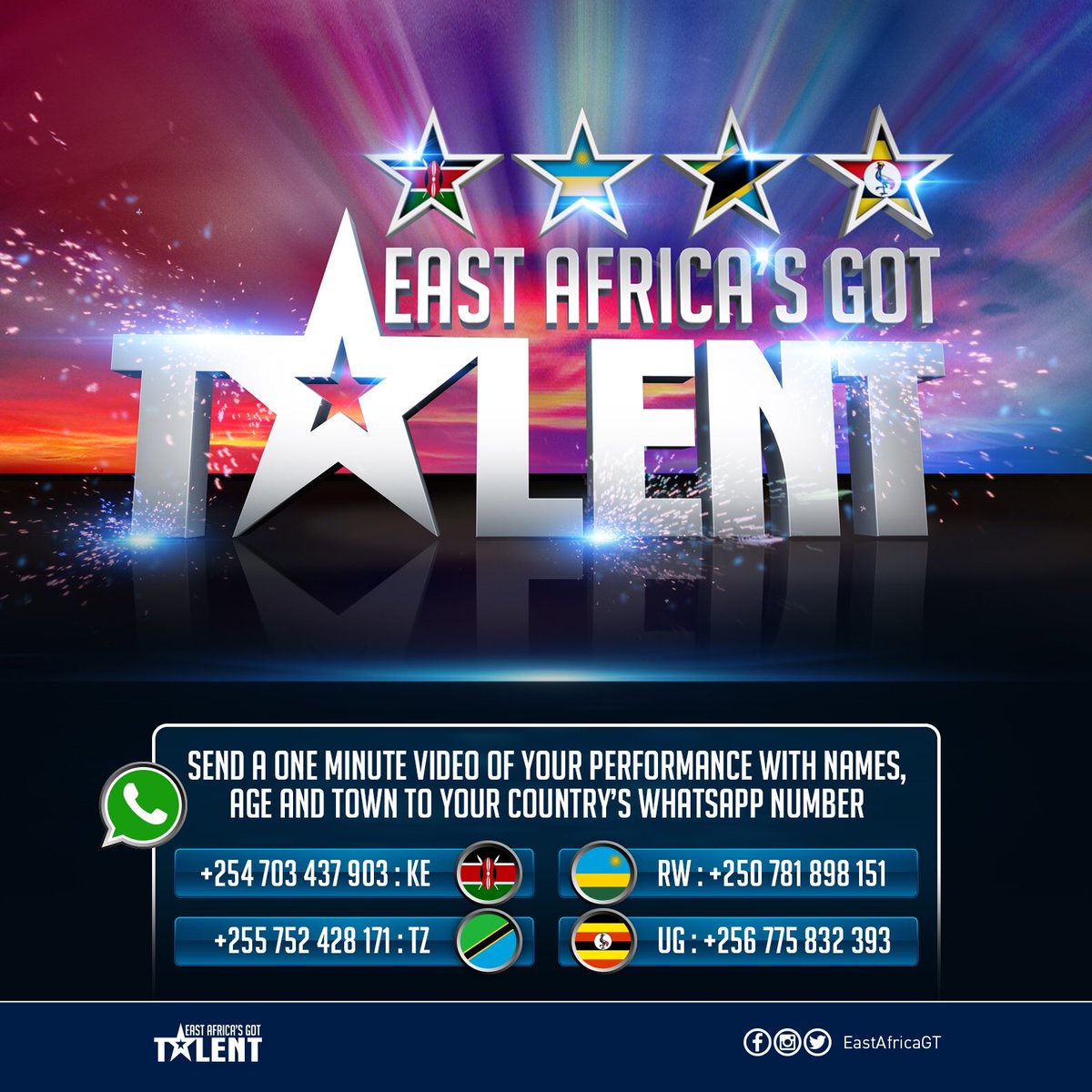 eastafricagt's tweet photo. Have you sent in your one-minute video yet? Check for your country’s WhatsApp number and submit yours today! Rt for your talented friends 🇺🇬🇰🇪🇹🇿🇷🇼 #EAGTPoweredBySafaricom #EAGT #Rwanda #Uganda #Tanzania #Kenya https://t.co/Mxvh7zVvzX