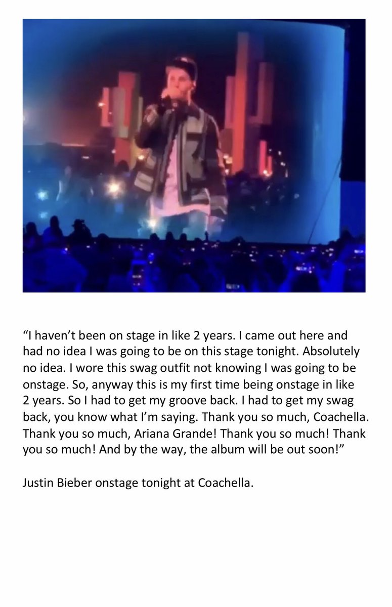 JBCrewdotcom's tweet photo. Beliebers! He’s back! Justin Bieber joined Ariana Grande onstage tonight at Coachella to perform his hit song “Sorry” together. Afterwards, he had a few words to say and we’re so excited! How about you?! https://t.co/w3aTS7qtxS