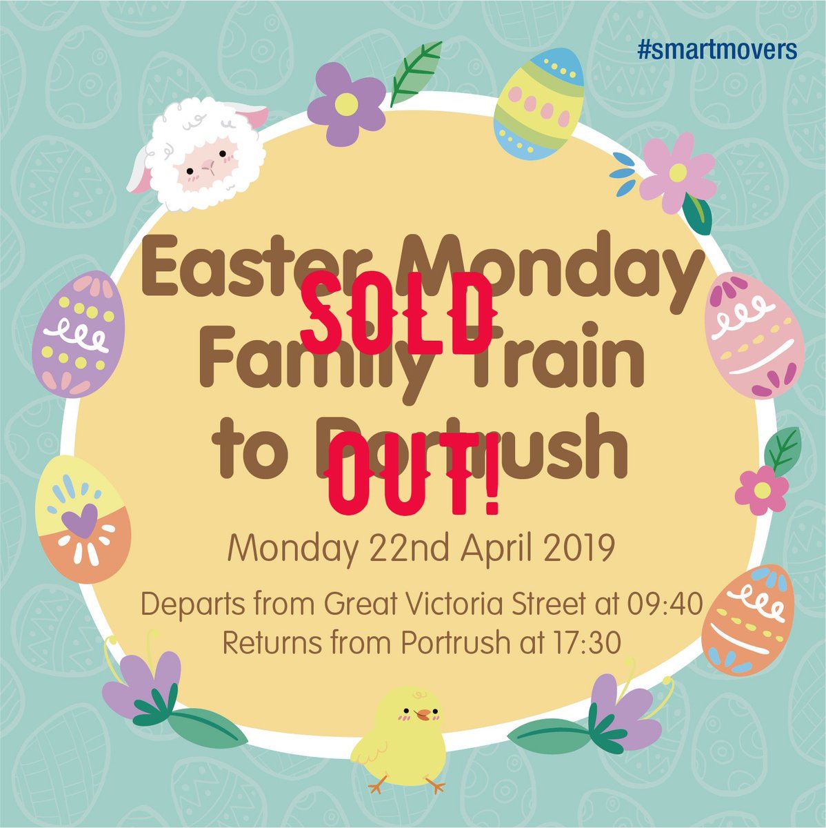 Translink_NI's tweet photo. Our family train to #Portrush on #Easter Monday has sold out! Please be advised that tickets for the Easter Monday Special train will NOT be available at the stations. ^CD https://t.co/XCLWBPwZGd