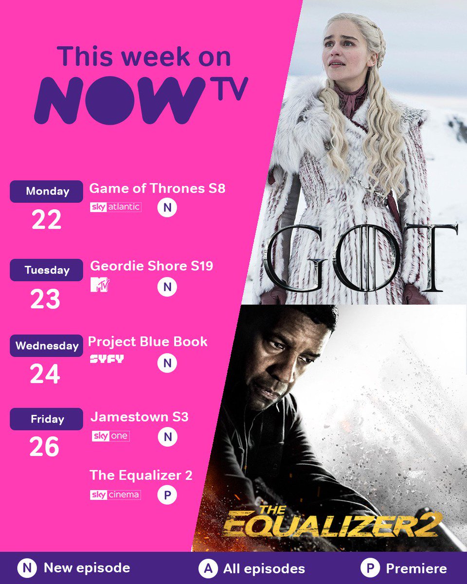 NOW's tweet photo. From Geordies to Dragons... ππ
Here's a bunch of amazing stuff you can watch while you wait for the next episode of #GameOfThrones π
#ForTheThrone #GeordieShore #ProjectBlueBookUK #Jamestown
#SkyOne #TheEqualizer2 https://t.co/RV2LJAjf0Q