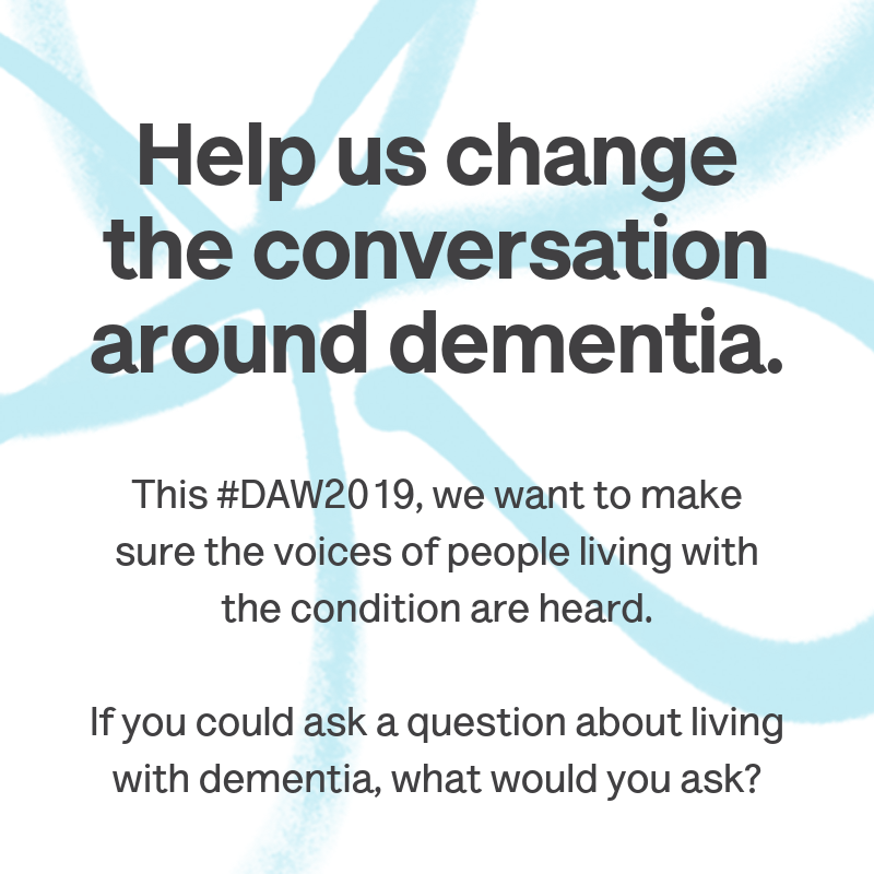 alzheimerssoc's tweet photo. This #DAW2019, we need your help to start the conversation around dementia. Too many people living the condition report feeling cut off from their community, but all it takes is one question to reconnect.

So, what would you ask? Let us know by replying below 👥 https://t.co/vCRmDWa0Qg
