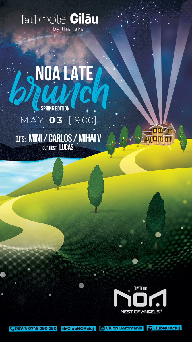 ClubNOACluj's tweet photo. We are delighted to invite you to the 5th edition of NOA's Late Brunch! 🥂

Friday, 3rd of May, we travel to Motel Gilău, where we have planned a fabulous brunch that will feature a talented special guest! We await for our well-dressed guests, ready to party! RSVP: 0748 290 090 https://t.co/4fSv25ATkT