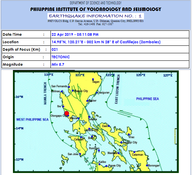 ABSCBNNews's tweet image. Magnitude 5.7 quake jolts Castillejos, Zambales at 5:11 PM. | via @phivolcs_dost