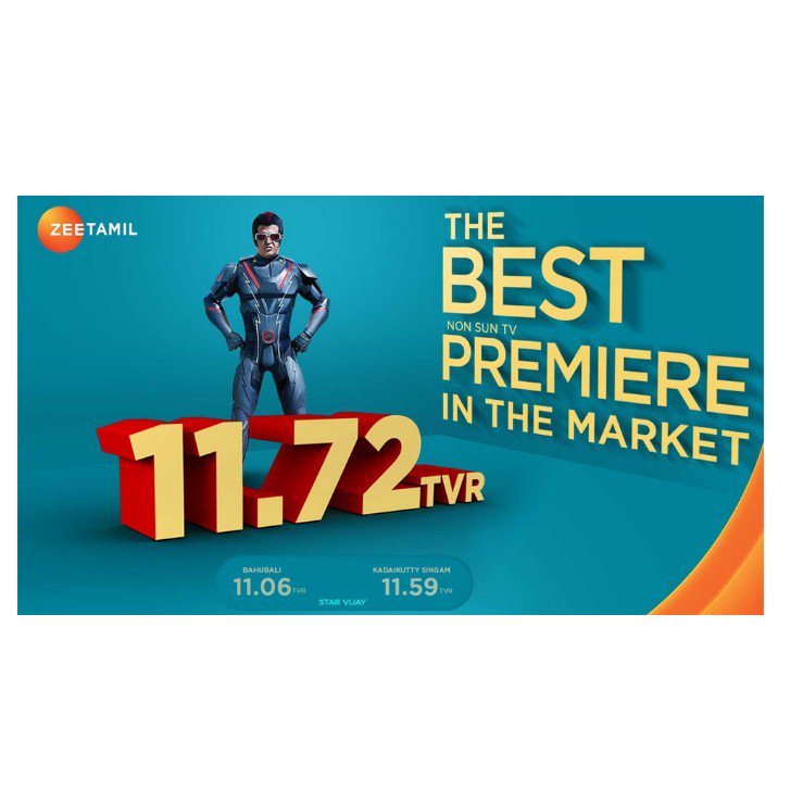 CETamiltweet's tweet photo. WTP of @2Point0movie Tamil delivered a Record-Breaking 11.72 TVR in Urban Market and 10.79 TVR in U+R market.

#2Point0 currently Stands No 1 movie in Non-SunTV category by beating #VijayTV's previous best 11.59 TVR in U for #KadaikuttySingam and #Baahubali2 

@LycaProductions https://t.co/7UdFRalW9y