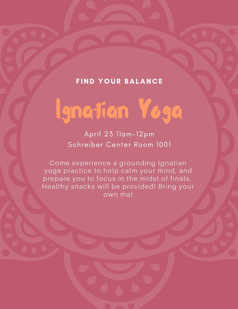 LUC_Ministry's tweet photo. Feeling the stress of the end of the semester? Join us tomorrow for Ignatian Yoga, led by our WTC Minister Grace Prado. #IgnatianYoga #findyourbalance https://t.co/Zg0PhKa5Y6