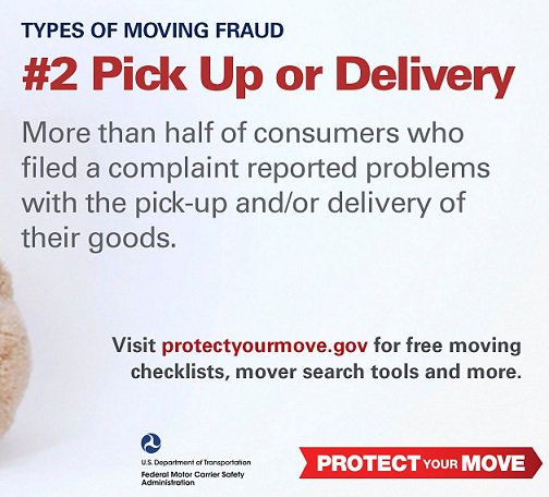 FMCSA's tweet image. Did you know that about 55% consumers who filed a complaint with FMCSA reported problems with the pick-up and/or delivery of their goods? Learn what to do in situations like these and get more helpful tips: 1.usa.gov/1UEOypb. #protectyourmove #movingtips