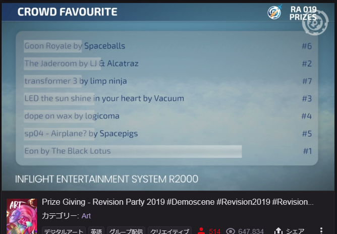 Jugem_T's tweet photo. Revision2019 - 授賞式(投票結果発表)
Crowd Favorite部門
(全部門の中でも最も反響の大きかった作品?)
優勝:Eon by The Black Lotus (AMIGA Demo部門優勝作品)
2D/3Dの境界表現が本当凄い…
#Revision_Party #Revision2019 #Demoscene
【Twitch中継】
https://t.co/X57Zj0fTpQ by The Seniors https://t.co/yLImOE3MAr