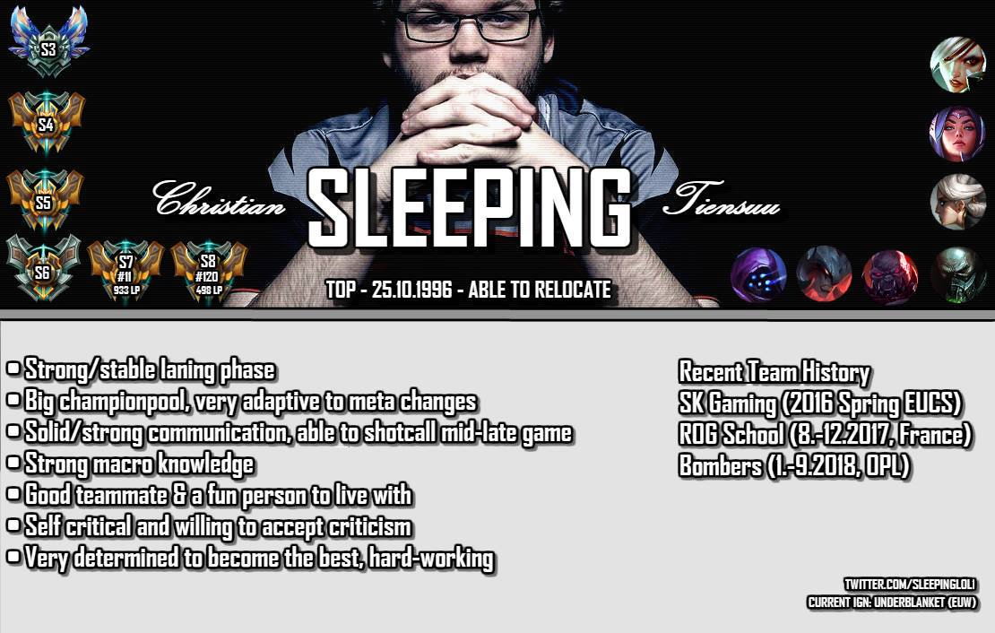 Since our EU Masters run is over, I am now a Free Agent!
Looking for offers from all regions.
-Won Nordic League for what its worth
-Top 8 EUM (suboptimal performance)
Previous infographic still applies.
DMs open/email csleepingt@gmail.com.
Retweets are always appreciated!