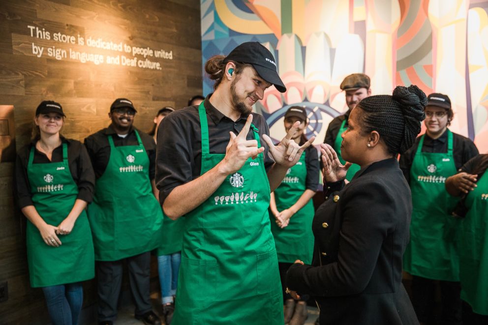 SignTalkFound's tweet photo. “Welcome to @Starbucks, please sign your order!” Did you know that in Washington D.C. there’s a Starbucks specifically dedicated to employing &amp; serving the Deaf community?  We 🤟 seeing corporate companies take action like this!

#ASL #SignLanguage #DeafAwareness #DeafCulture https://t.co/M6ro9NcGAP