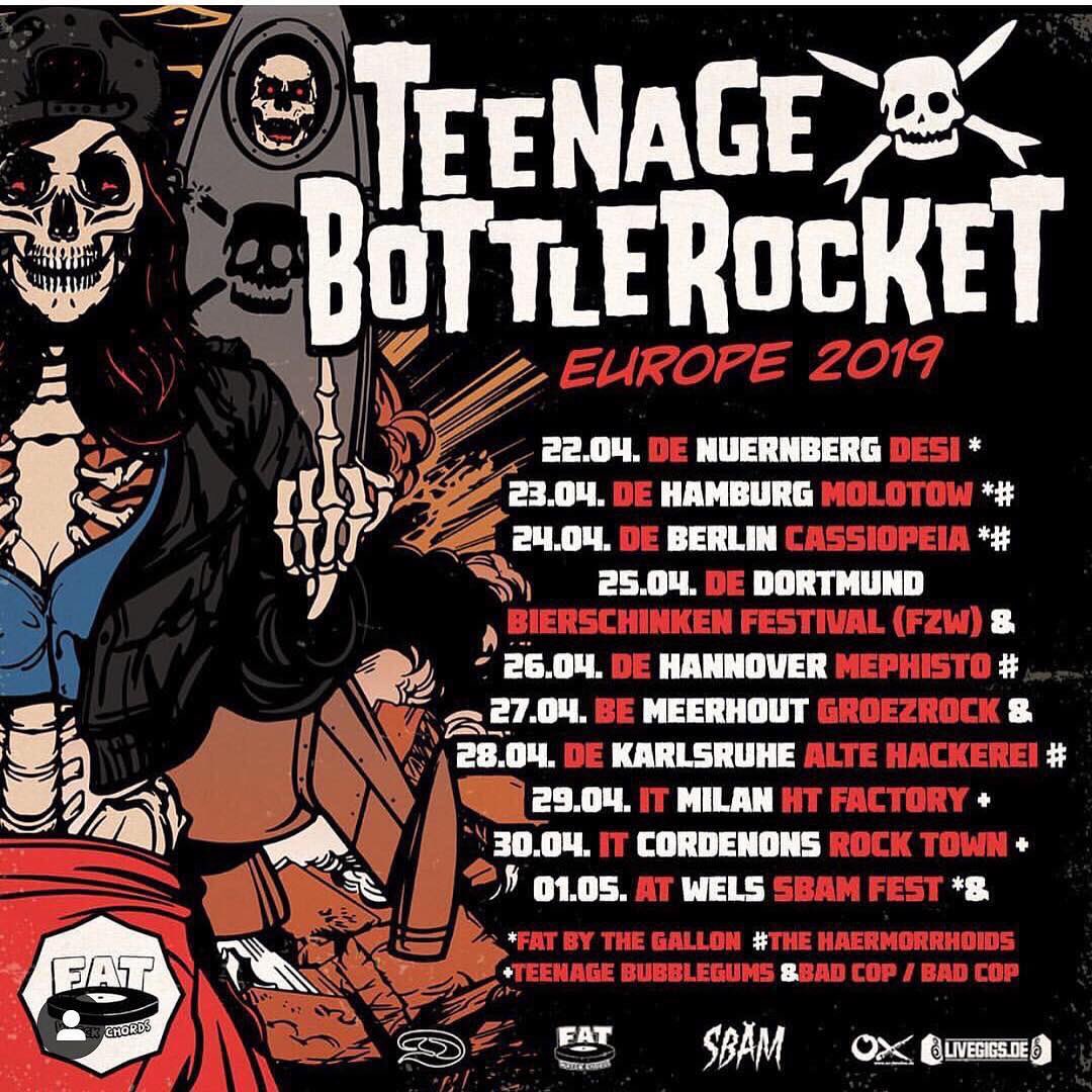 The first of a few shows with <a href="/teenbottlerock/">Teenage Bottlerocket</a> begins tonight in Nurnberg! Too rad. It’s our first time in Germany and we couldn’t be more stoked..#jackassesonpleasureisland #teenagebottlerocket Sbam
Destiny Tourbooking OxFanzine