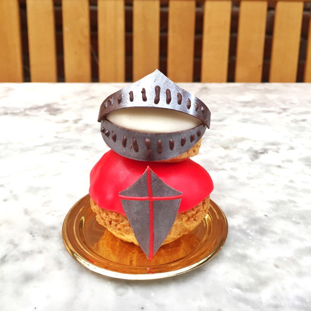 We're getting ready for St. George's Day with our St. George's Religieuse, a classic French double-decker cream puff dressed up like a gallant knight and filled with yellow peach gelée and lemon verbena ganache. Available tomorrow only, 23rd April, here at #DABLondon