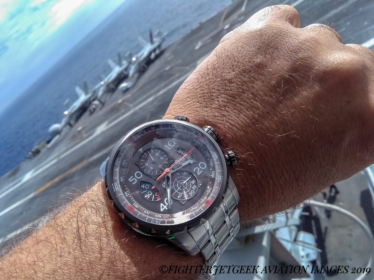 fighterjetgeek's tweet photo. One year ago last Saturday, 17 @FlyNavy Twitter followers and I  got the unbelievable experience of a lifetime. My #InvictaWatch captured while  checking out the scenes from #VulturesRow aboard #CVN74. #TimeFlies #TwitterEmbark #GoodTimes #IWannaGoBack #FighterJetGeek https://t.co/V0szYThP4h