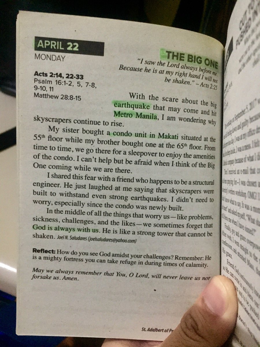 JulzeAlejandre's tweet photo. Reason why I was paranoid about #TheBigOne and #QuakePH when I woke up this morning. It’s as if a Higher Being spoke to me about today’s earthquake through my daily spiritual reflections. https://t.co/y9PSuCEOME