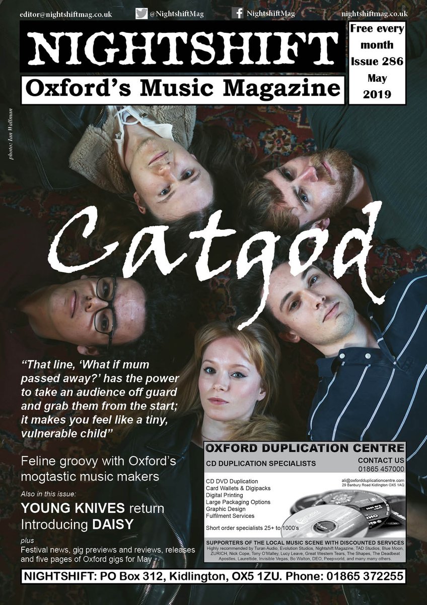 May's <a href="/NightshiftMag/">Martha the Nightshift Cat</a> online now with <a href="/Catgodmusic/">Catgod</a> on the cover + Introducing <a href="/bandcalleddaisy/">daisy</a>, chat with <a href="/youngknives/">¥[]U|\|G K|\|!v€$</a>, news on <a href="/Cornbury/">Cornbury Music Fest</a> <a href="/SUPERNORMALFEST/">Supernormal</a> <a href="/ifnotnowwhenox/">If Not Now, When?</a> <a href="/FloFestOxford/">Flo Fest Oxford</a> <a href="/RiversideFest/">Riverside Festival</a> <a href="/bsmrocks/">Big Scary Monsters</a> <a href="/TamarasParties/">All Tamara's Parties</a> + <a href="/dollymavies/">Dolly Mavies</a>. Read it here: nightshiftmag.co.uk/2019/may.pdf