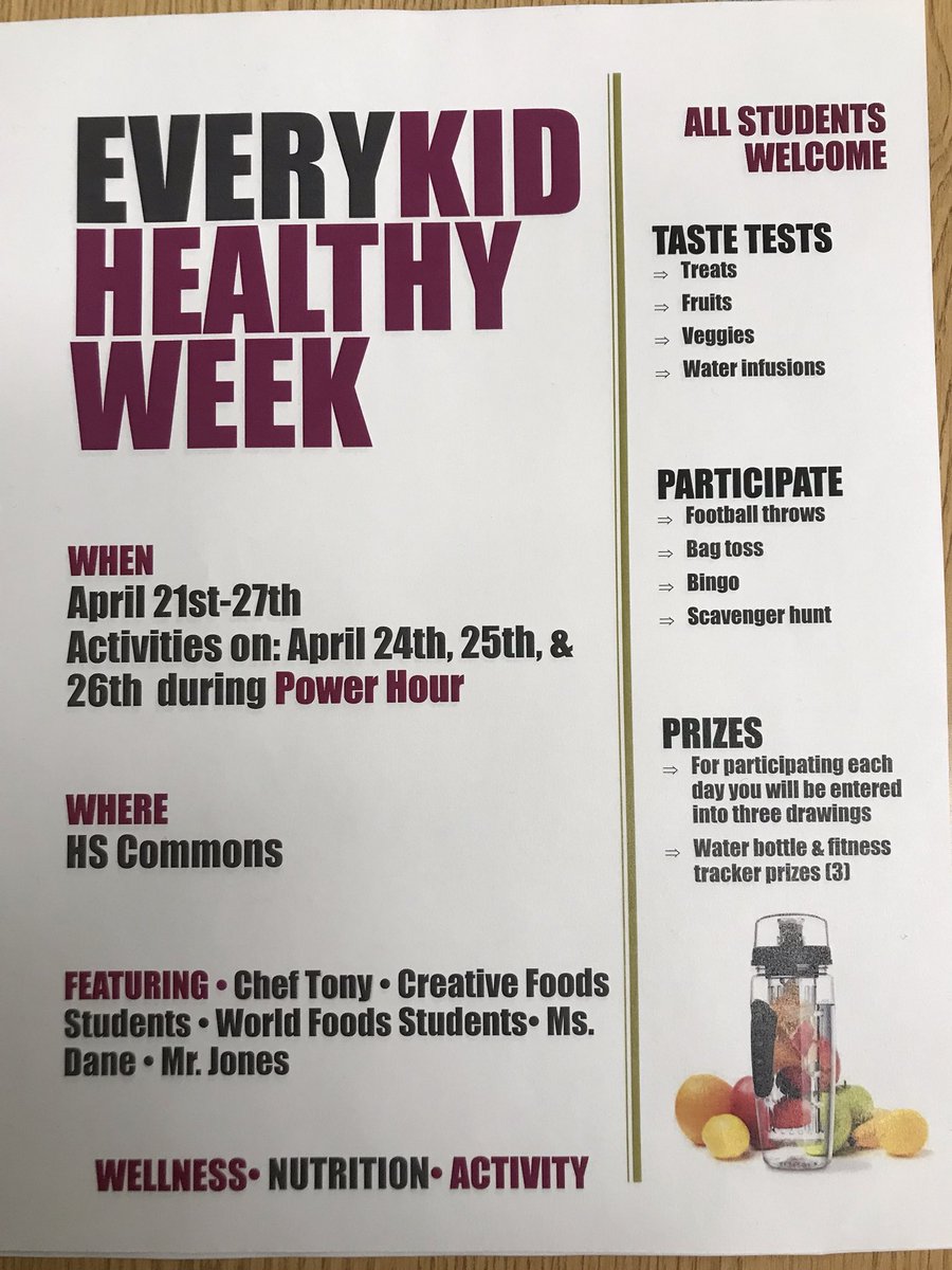 Every Kid Healthy Week is HERE! Starting Wednesday come to the commons during power hour for games, food &amp; prizes!  <a href="/Act4HlthyKids/">ActionforHealthyKids</a> <a href="/GSLfansection/">GSL Student Section</a> #GSLcultureofsuccess #nutrition #active #TasteTests #bingo #FootballThrow #FCS #SayYesToFCS #ComeOnDown