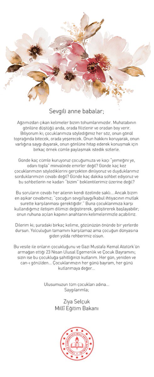 tcmeb's tweet photo. Sevgili Veliler,

👧🧑Bugün çocuklarımız eve çantalarında Bakan amcalarının sizler için yazdığı bu mektupla dönecek. 🎒✉️

✍🏻 Çocukların dünyasına giden yolda, rehber olması dileğiyle...

#BenÇocuğum https://t.co/SJQNGNxyWB