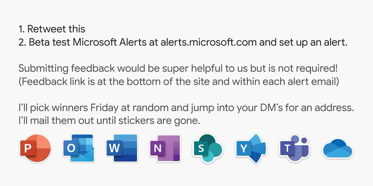 My team at Microsoft has heaps of beautiful 4" x 4" Office icon stickers to give away!

We've launched our beta for Microsoft Alerts and we need your feedback to make it better. buff.ly/2Vf6906

Retweet + beta test our app and I'll mail them out until they're gone 🥳