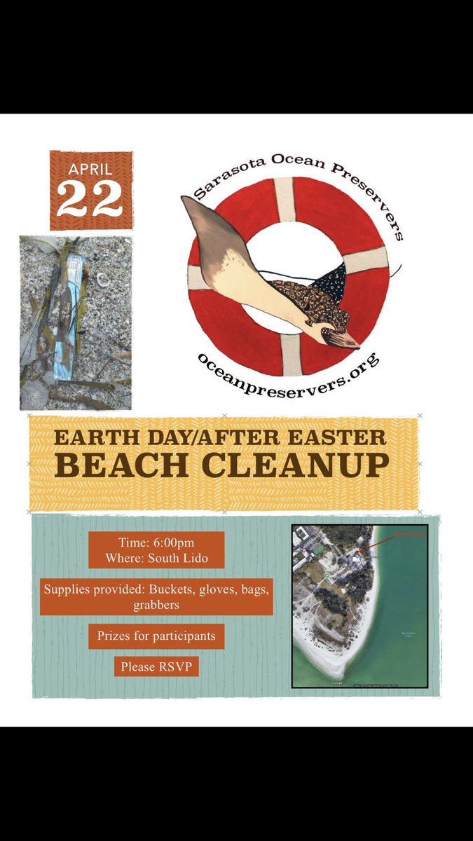 Happy Earth Day and Easter Monday - Join is for a beach cleanup today at 6pm - South Lido Beach, Sarasota, FL. facebook.com/events/4461711…
<a href="/SustainSara/">Sustainable Sarasota</a> <a href="/SRQCountyGov/">Sarasota County Government</a> <a href="/CityofSarasota/">City of Sarasota</a>