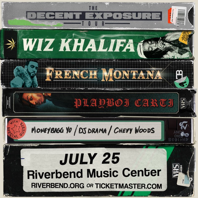 riverbendpnc's tweet photo. JUST ANNOUNCED: @wizkhalifa’s “The Decent Exposure Tour” with @FrencHMonTanA, @playboicarti, @MoneyBaggYo, @CHEVYWOODS, and @DJDRAMA at Riverbend Music Center on July 25! Tickets go on sale THIS FRIDAY at 10am: https://t.co/LVfsiml7XF https://t.co/jfbbUrwJdV