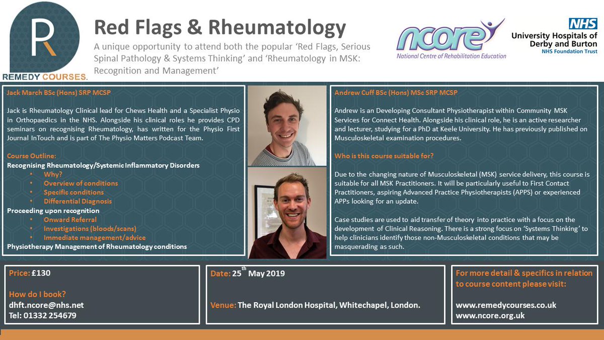 NCORE_NHS's tweet photo. Secure your place to our Red Flags and Rheumatology course on 25th May at The Royal London Hospital. Lectured by @AndrewVCuff and @physiojack, for more details please follow the link https://t.co/DSmUpXgsAy
#musculoskeletal #mskpractitioners #experiencedApp #physio https://t.co/Vk2Q76lPZq