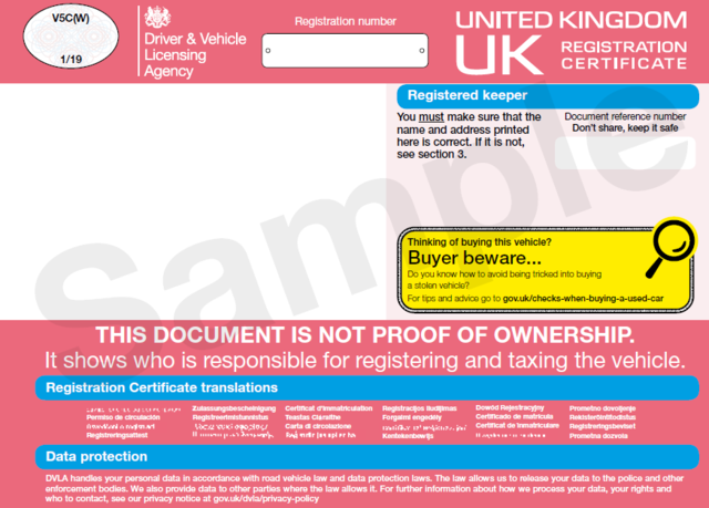 Certificate v5c registration Temporary V5C