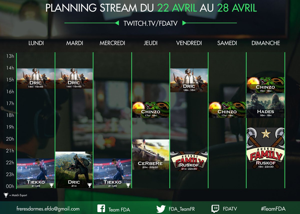 FDAEsport's tweet photo. ➡️Bonjour/soir à vous cette semaine on retrouve nos streamers en question sur: @PUBG Dric, @BattlefieldEAFR Cerbere, @EA_FIFA_France Tienkko,
Ruskof et enfin @StreetFighter @DragonsOfficiel Chinzo.
Aller les voir sur la #FDATV https://t.co/YaWfEo66mw https://t.co/EpSs822JXA