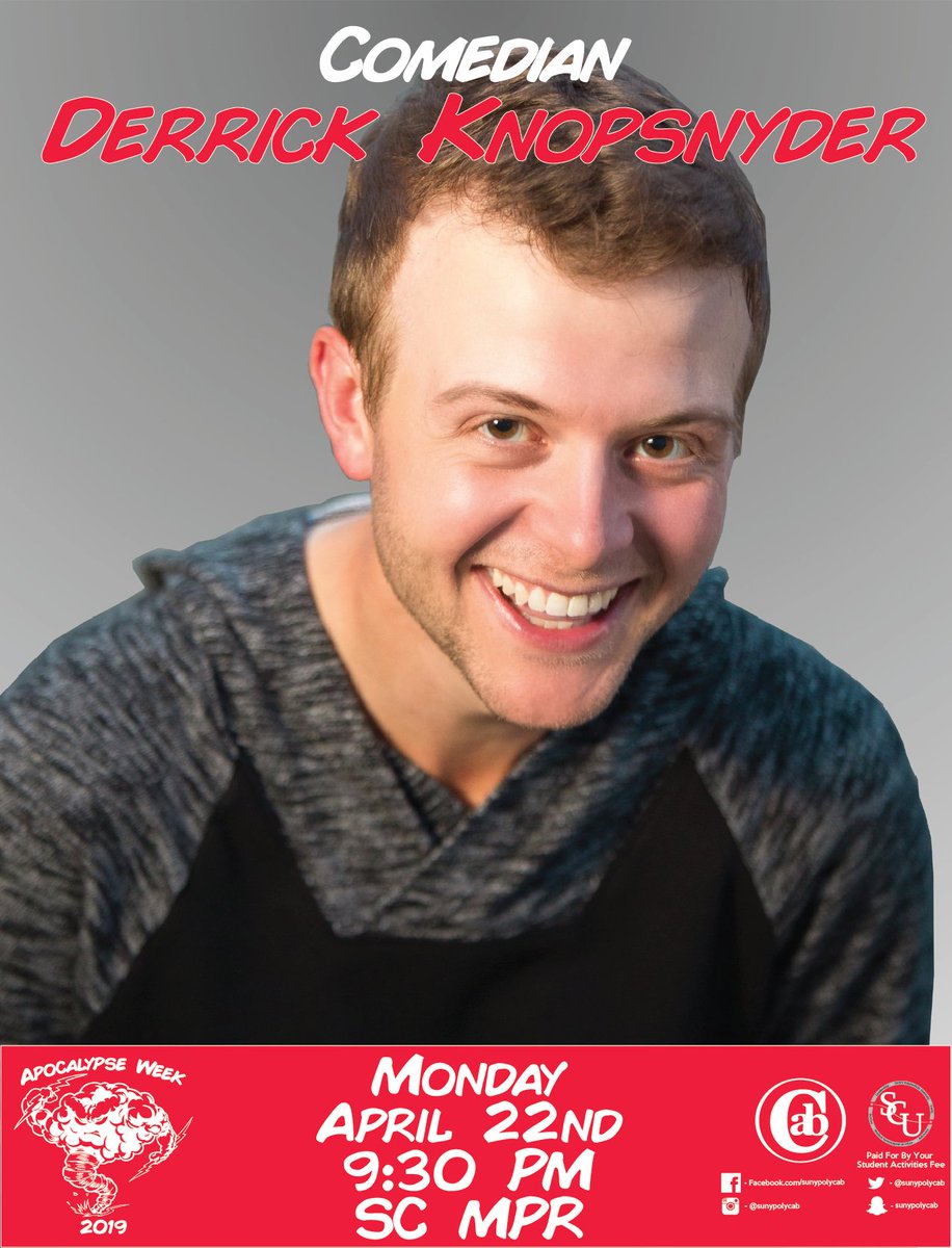 TONIGHT AT 9:30 STUDENT CENTER MPR! Kicking off the week will be comedian Derrick Knopsnyder! He'll be in the Student Center MPR tonight at 9:30 and will be the first of our two-night run of comedy events! Join us tonight at 9:30 to kick off Apocalypse Week and see some comedy!