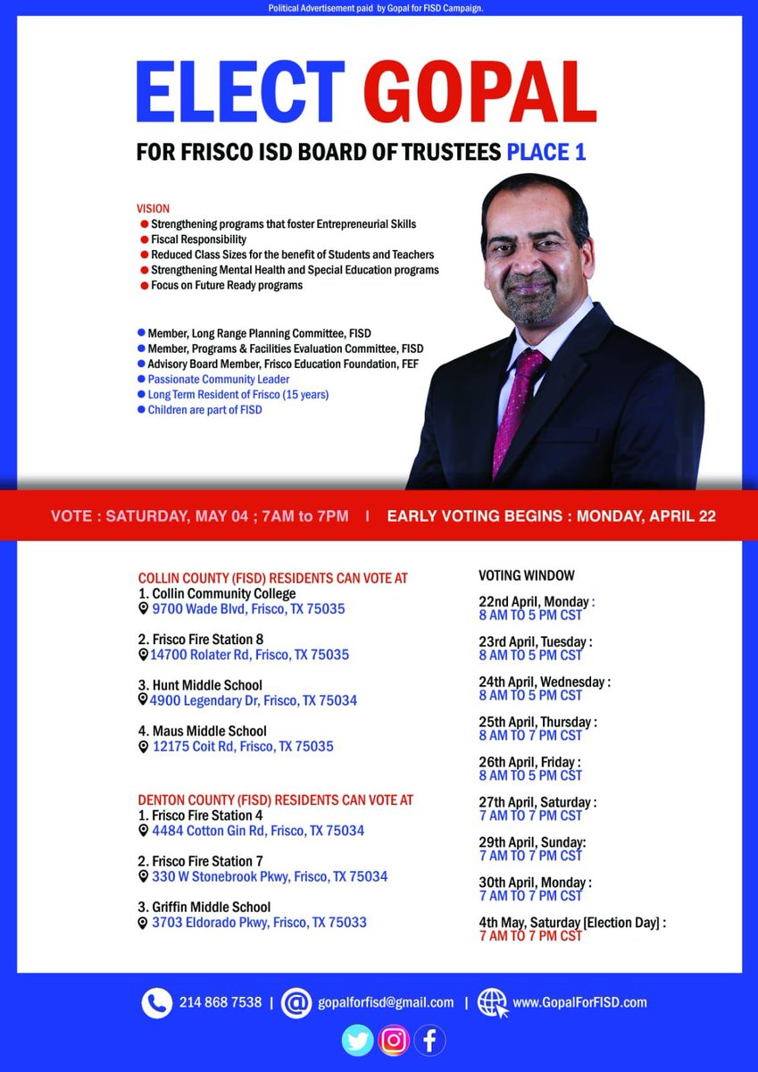 VoteForGopal's tweet photo. Early Voting starts today at 8 am. Please cast your vote today. Location details are in the flyer below. Kindly ensure at least 10 more friends vote today. I'm at the Collin College all day today. Please stop by. Thank you so much !!!
#GoGopal #GopalForFISD #GopalForFISDPlace1 https://t.co/mb2qPjPwLs