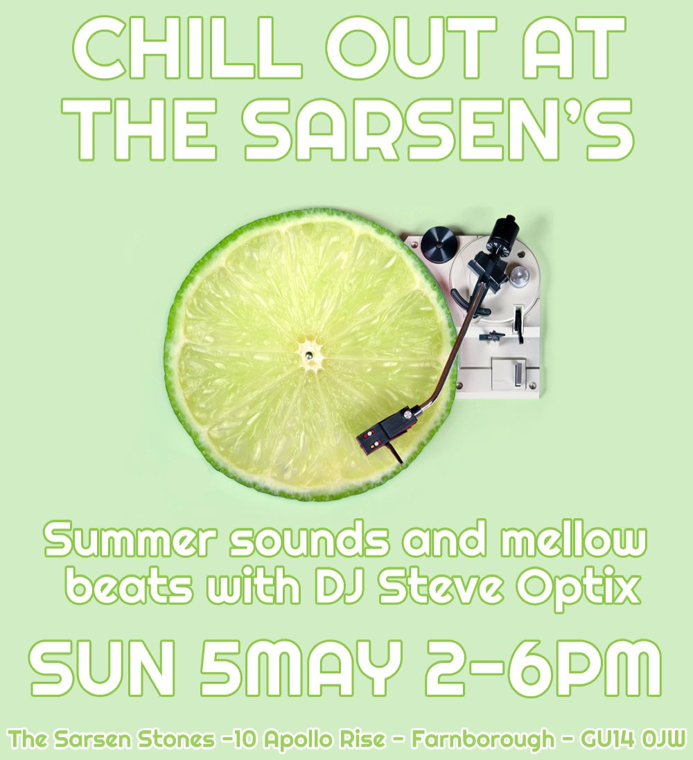 DJ_SteveOptix's tweet photo. Nice little Sunday afternoon session, I’ll be spinning feelgood mellows on vinyl at the Sarsen Stones, #Farnborough on Sunday 5th May from 2-6pm ☺️ ⚫️🎚⚫️☀️☀️☀️🍷🥂🍻🍺 
.
.
.
.
.
#Balearicdj #vinyldj #chillout #downtempo #Hamphire #feelgood #relax #FREEENTRY #DJ https://t.co/XE8cj1Y9MK