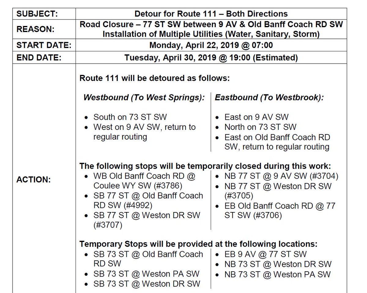 calgarytransit's tweet photo. #CTRiders beginning at 7AM on Monday Apr 22 and continuing until Tuesday, Apr 30, 77 St SW will be closed at Weston Dr SW. #Route111 will be on DETOUR. This is to accommodate deep utilities construction for an adjacent development. https://t.co/etjxJ8l1DU