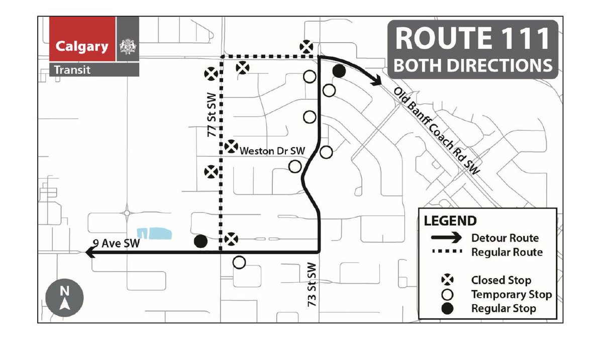 calgarytransit's tweet photo. #CTRiders beginning at 7AM on Monday Apr 22 and continuing until Tuesday, Apr 30, 77 St SW will be closed at Weston Dr SW. #Route111 will be on DETOUR. This is to accommodate deep utilities construction for an adjacent development. https://t.co/etjxJ8l1DU