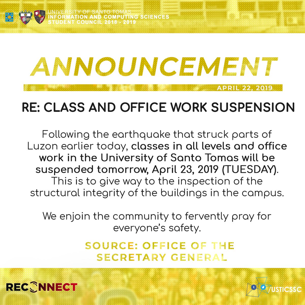 usticssc's tweet photo. #HeadsUpICS
RE: CLASS AND OFFICE WORK SUSPENSION
Please be guided accordingly.
#ICSReconnect
#ICSSC1819 https://t.co/joKrkkuoYB
