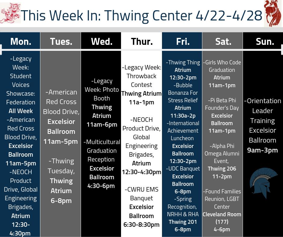 Happy Legacy Week #CWRU ! Come by on Wednesday for our Photo Booth plus amazing student organization events like the Girls Who Code Banquet, Thwing Tuesday at a different time, and Thwing Thing on Friday with the Commuter/Off-Campus Student Board!  #ThwingCenter #Cleveland #CLE