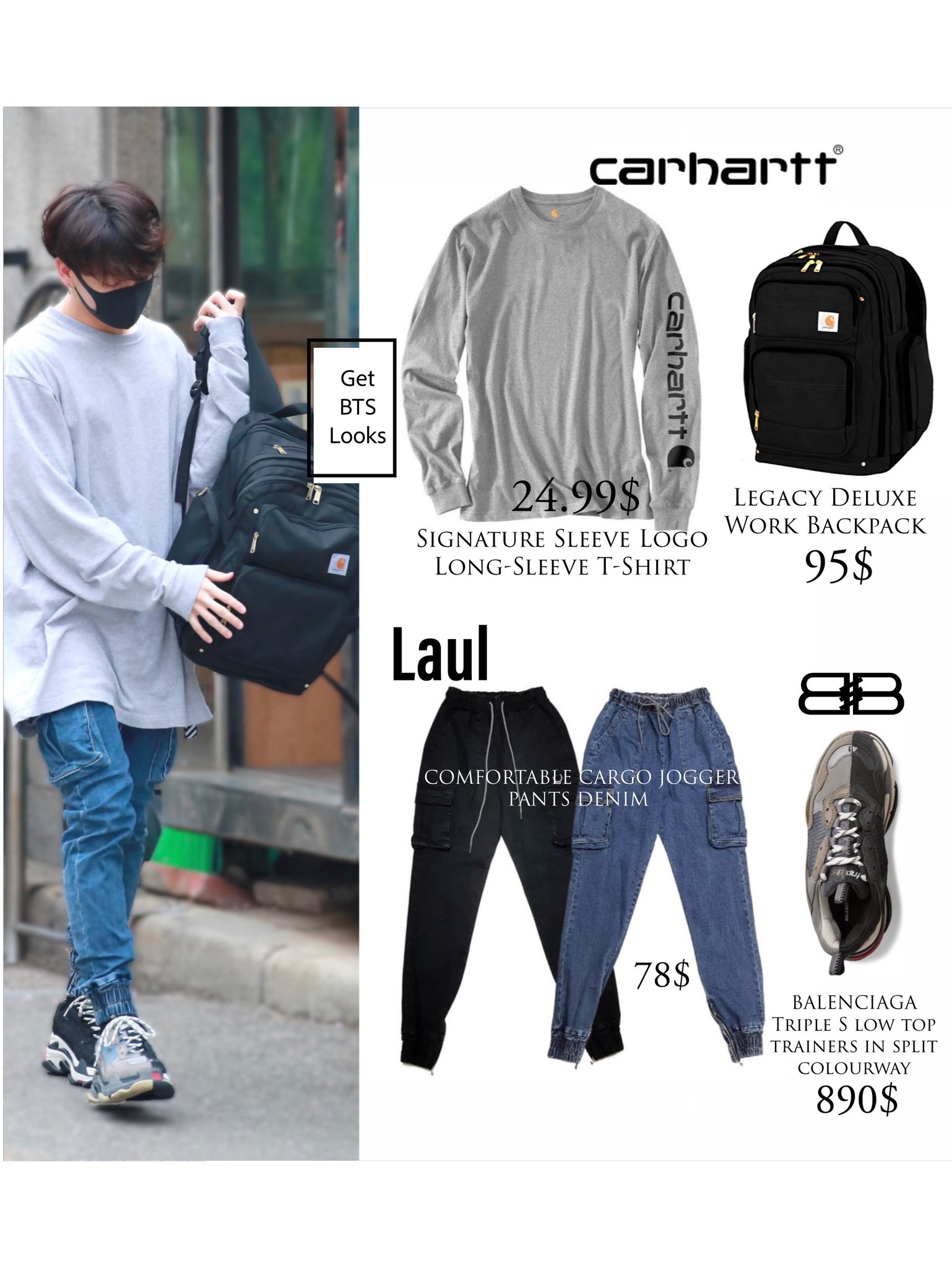 GetBTSlooks on X: #jungkook ~ 19.04.2019 arriving #musicbank ~ Wearing @ Carhartt long sleeves T-shirt and delux work backpack with #laul denim  joggers and @BALENCIAGA triple S trainers ~ #boywithluv #Dionysus  #MapOfTheSoul #persona #