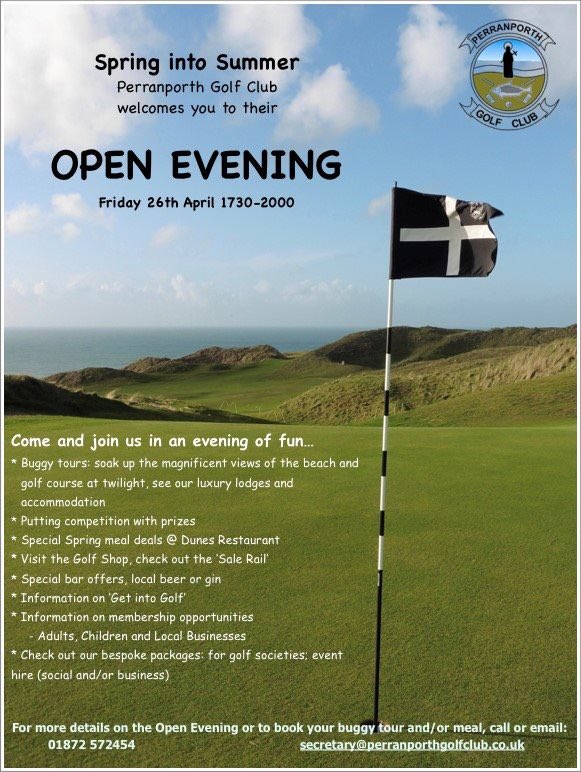Don't forget,it's this Friday!!!
Come &amp;join us in an evening of fun ~Buggy tours:soak up the magnificent views of the beach &amp;golf course at twilight, see our luxury lodges and accommodation
~Putting competition with prizes
~Special Spring meal deals #openevening <a href="/PerranporthGolf/">Perranporth GolfClub</a>