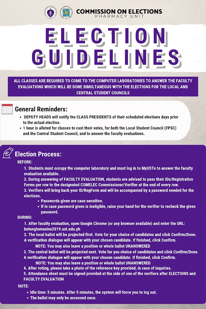 PHARCOMELEC's tweet photo. Please be reminded of the elections guidelines and schedule for the upcoming Faculty of Pharmacy and Central Student Council elections this April 23 - 27, 2019. Vote wisely, Faculty of Pharmacy!
#VoiceToMakeAChoice
#OneEntityOneCOMELEC https://t.co/McDKwFQgV2