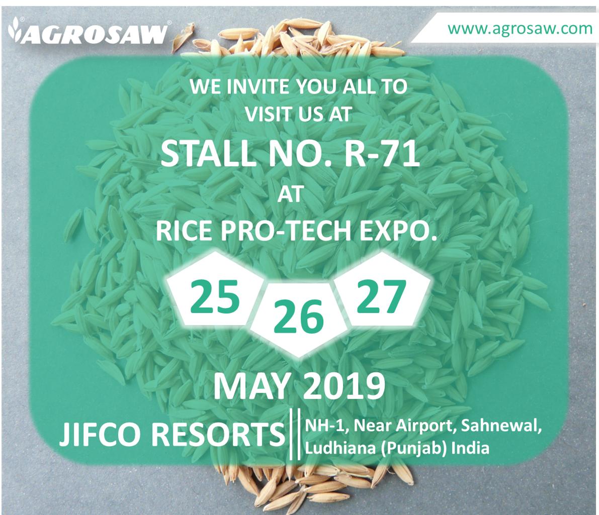 Agrosaw's tweet photo. #AGROSAW invites you to visit our stall @ #RiceProTech2019 at Jifco Resorts, Sahnewal, Punjab.
Visit https://t.co/s4yJ6TpBny for more info.
#AgrosawPerfectingPostHarvest #PostHarvestSolutions #MeetUs #SeeUs #SeeYou https://t.co/N5erANFySt