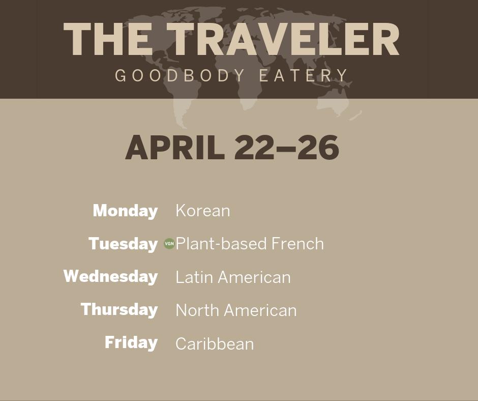 Here is what we're serving at The Traveler inside Goodbody Eatery this week! <a href="/HermanBWells/">Bruce</a> <a href="/WellsQuadIU/">Wells Quad</a> @IURPS <a href="/IUBloomington/">IU Bloomington</a>