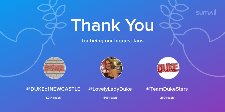 LikeALadyCroche's tweet photo. Our biggest fans this week: @DUKEofNEWCASTLE, @LovelyLadyDuke, @TeamDukeStars. Thank you! via https://t.co/W8focmyt8p https://t.co/AOIVYIS0EJ