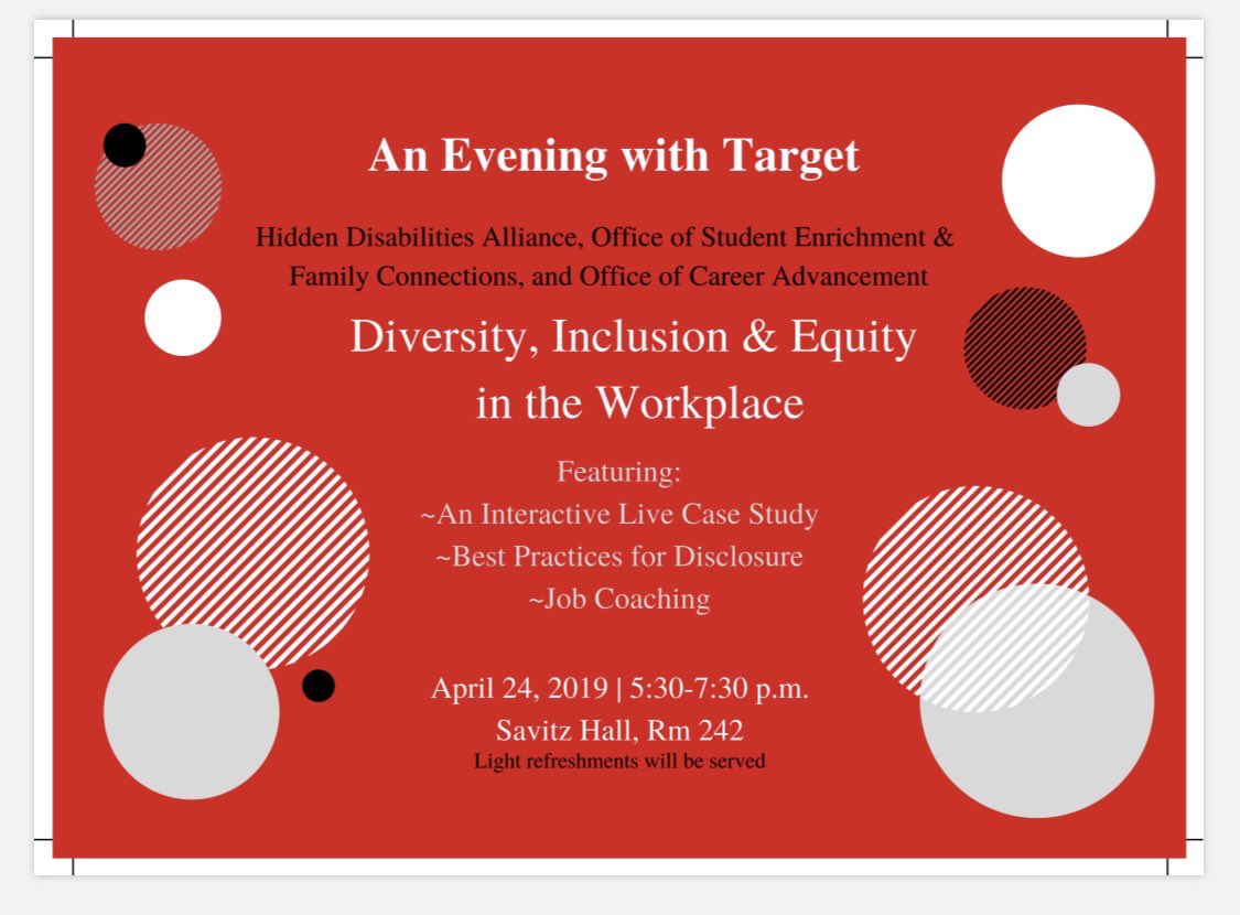 An Evening with Target: Diversity, Inclusion & Equity in the Workplace. Please join us on Wed. 4/24, 5:30-7:30 pm, Rowan University- Savitz Hall, Rm. 242. #EmpoweringALL #itsALLaboutthestudents #KeyEmployerPartnerships #RowanCareers #RowanPROUD